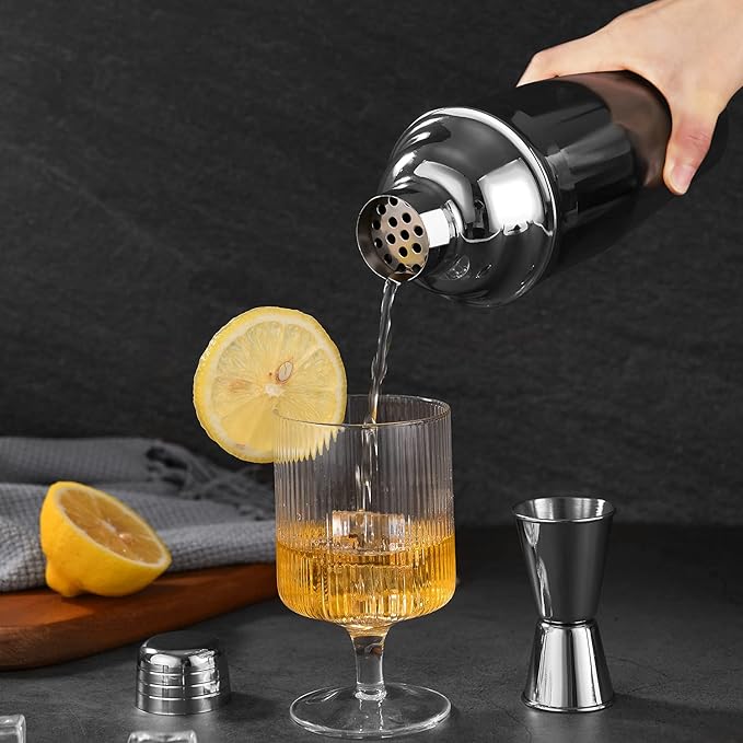 LUCKYGOOBO Cocktail Shaker Set,24 oz Martini Shaker,Bartender Kit with Stand,Stainless Steel Martini Mixer Built-in Strainer,Bar Tool Set,Drink Shaker,Fun Gifts. (Black)