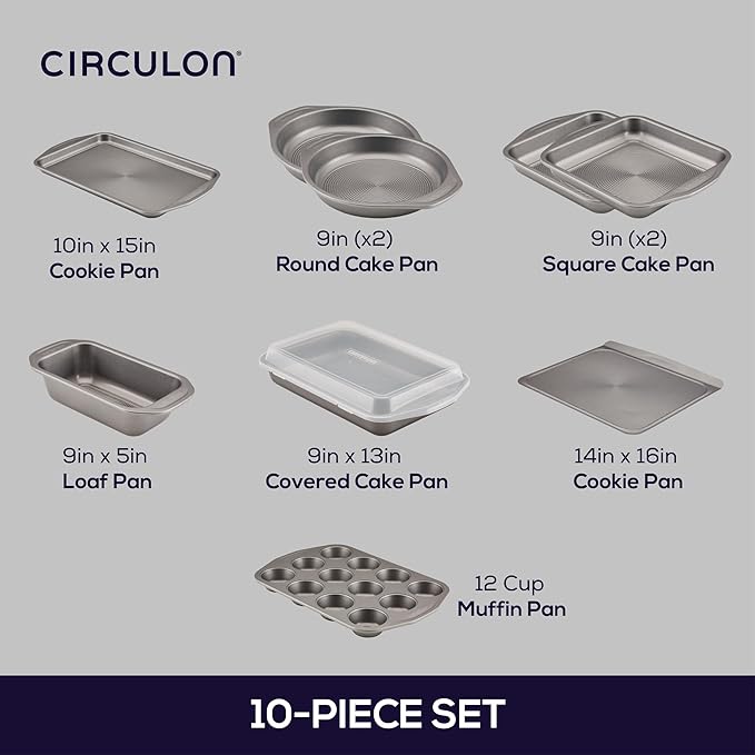 Circulon Total Nonstick Bakeware Set, Metal Baking Pans Set, 10-Piece, Gray