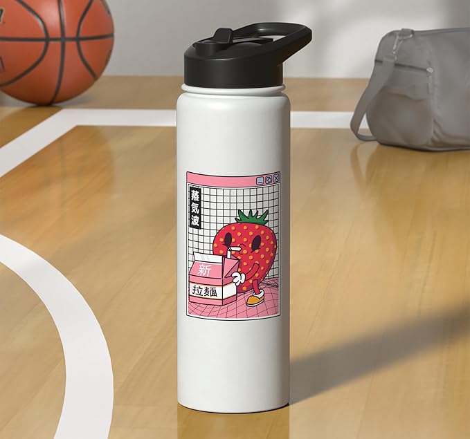 Strawberry Milk Carton Kawaii Grid Vaporwave Aesthetic Anime Stainless Steel Insulated Water Bottle