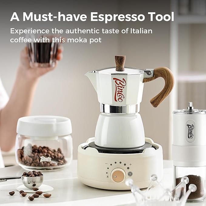 Bincoo Espresso Maker Stovetop, Moka Pot 3 Cups, Espresso Pot Classic Italian Coffee Maker,Single Safety Valve (White, 3 Cup)