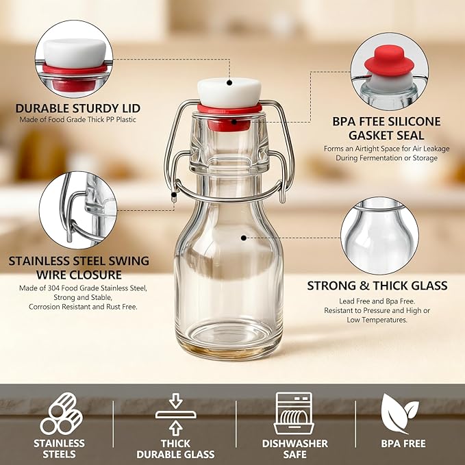Ruckae 20 Pack 2oz Swing Top Glass Bottles,Flip Top Glass Bottle with Lids Sealable Kombucha Bottle for Brew Beer Syrup Vanilla Extract Air Tight Bottles for Gift (2 oz 20 pack)