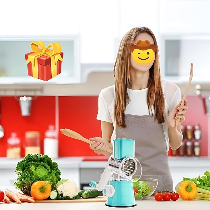 Rotary 3-in-1 Grater for Kitchen - Stainless Steel Cheese Grater with Turn Handle (Blue)