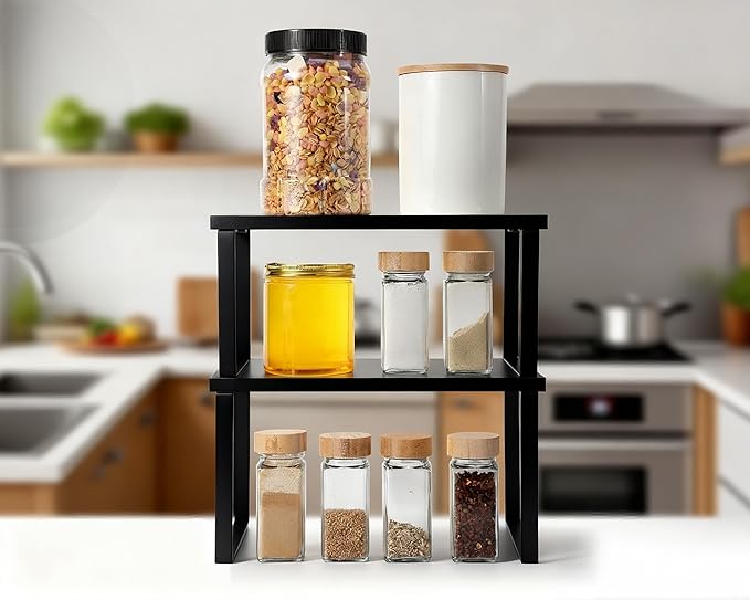Marsui 4 Pcs Kitchen Organizer Accessories Set Cabinet Organizer Shelf and Bamboo Dish Drying Plate Rack Counter Shelves Storage Holder for Spice Rack, Dish, Pot Lid, Bowl, Cup (Black)