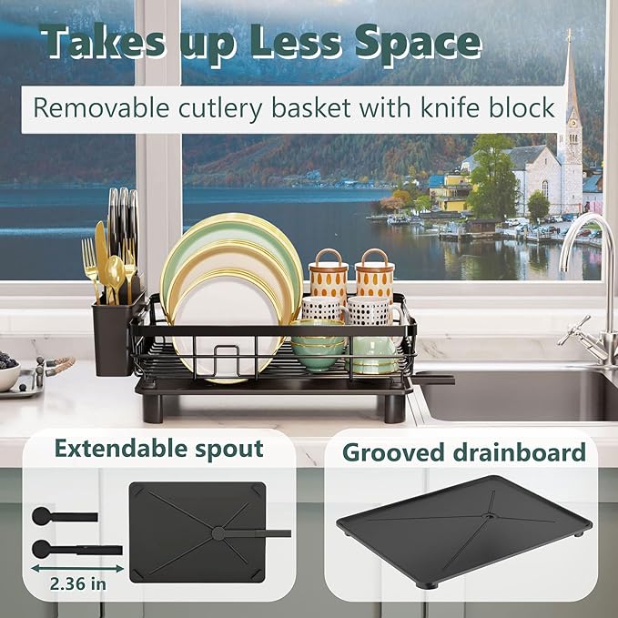 AIDERLY Iron Dish Drying Rack with Drainboard Dish Drainers for Kitchen Counter Extendable Spout Strainers with Utensil Holder and Knife Slots, Black