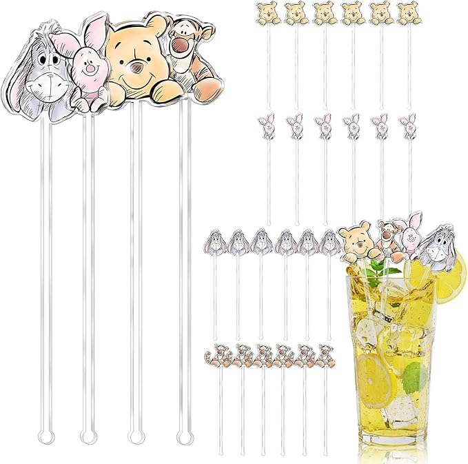 24 Pcs Winnie Bear Theme Acrylic Stirring Sticks for Coffee, Cocktail, Drinks Stirrers for Baby Shower, Christmas Party Decor