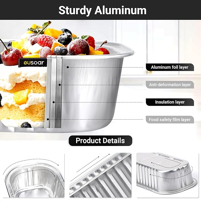 EUSOAR Creme Brulee Ramekins, 25pcs 6.8oz 6.5"x2.5"x1.2" Aluminum Foil Silver Baking Cups Mini Loaf Pans with Lids, Disposable Ramekins Cupcake Containers Wrappers, Dessert Cheesecake Pan Cups