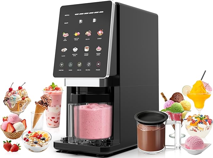 Ice Cream Maker & 10-in-1 Frozen Treat Maker, 20 oz 1 Pint, Mix-In + Re-Spin for Creamy Texture, Gelato, Sorbet, Slushie, Frozen Yogurt & Smoothie Bowls Machine for Homemade, Recipe Guide