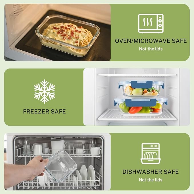 HOMBERKING 8 Pack Glass Food Storage Containers with Lids, Meal Prep Containers, Airtight Bento Boxes with Leak Proof Locking for Microwave, Oven, Freezer and Dishwasher, BPA Free, 5-35oz, Deep blue