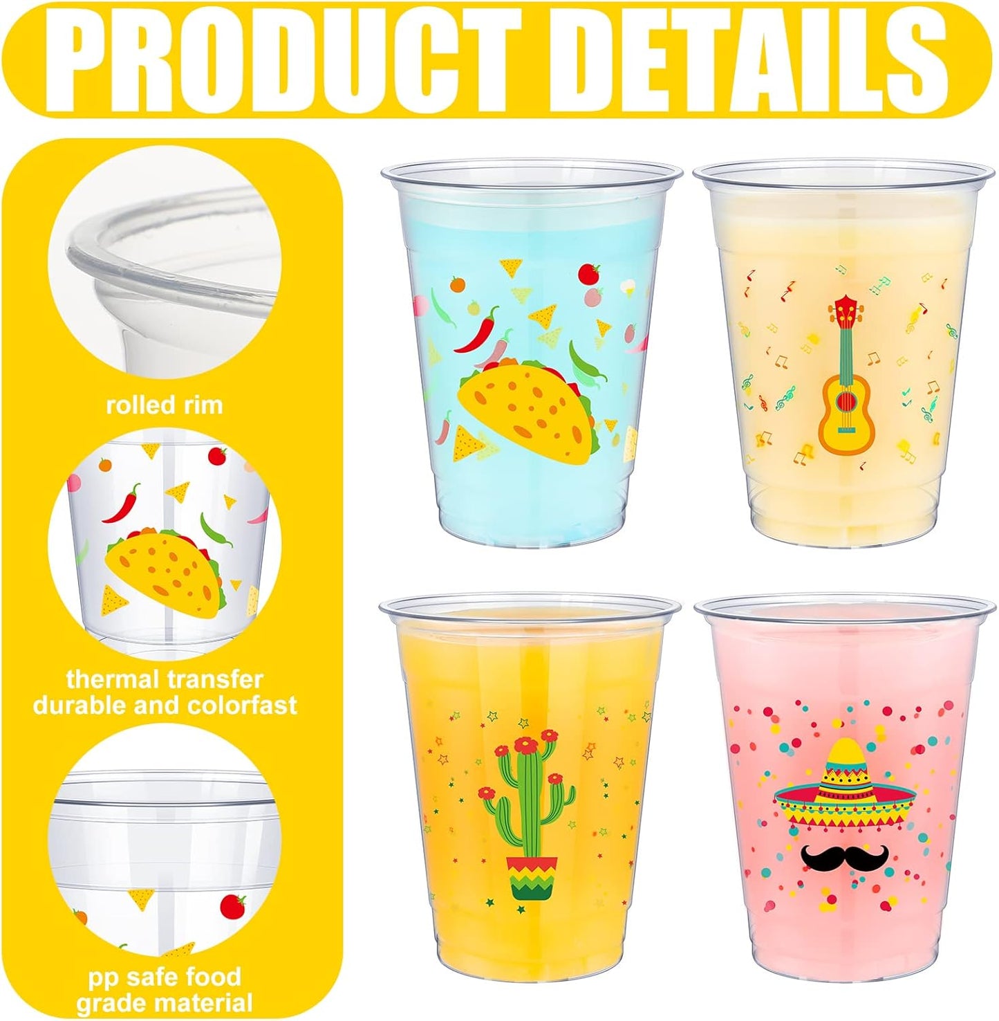 meekoo 100 Pack 12 oz Fiesta Cups Plastic Mexican Cups Clear Disposable Mug Cinco De Mayo Party Decorations for Fiesta Taco Birthday Party Drinkware Supplies, 4 Styles