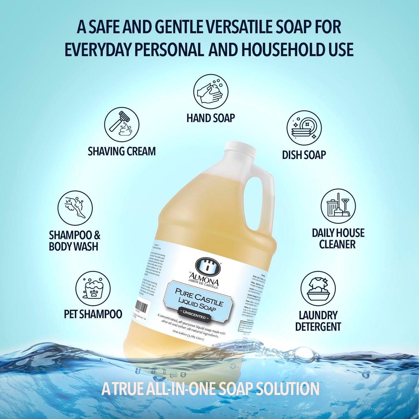 Pure Castile Liquid Soap, LEMON, 1 Gallon - Multipurpose: Hands, Face, Body, Laundry, Dishes & More - For Sensitive Skin, All-Natural Ingredients, Scented with Essential Oils