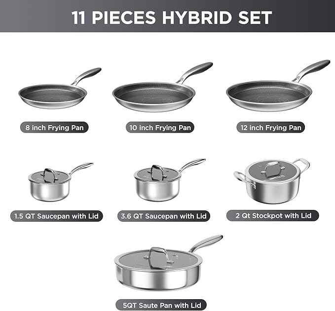 COOKER KING Stainless Steel Cookware Set, 11 Pcs Pots and Pans Set, Hybrid Ceramic Cookware,Non-Stick Frying Pans, Saucepans, Saute Pan & Stock Pot, Non-Toxic, Oven Safe, Induction Compatible