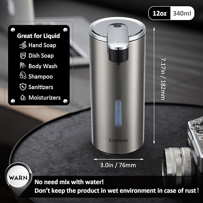 Automatic Soap Dispenser, Automatic Liquid Soap Dispenser Touchless, 12oz/340ml, 3-Level Adjustable, Battery Operated, Water-Resistant for Bathroom, Kitchen and School, Clog-Free, Stainless Steel