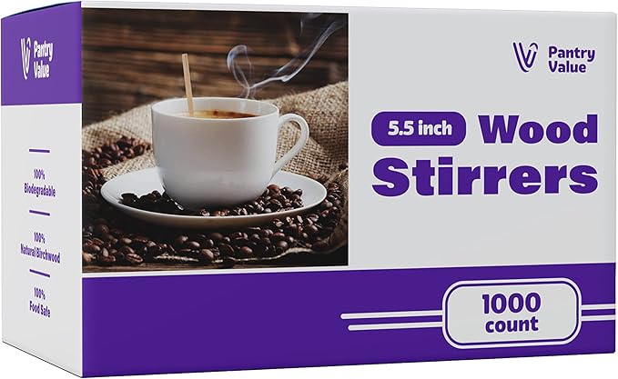 Pantry Value [1000 Count] 5.5 Inch Wooden Coffee Stirrers - Wood Stir Sticks, Biodegradable, Eco-Friendly Wood Stirrers for Coffee & Cocktails