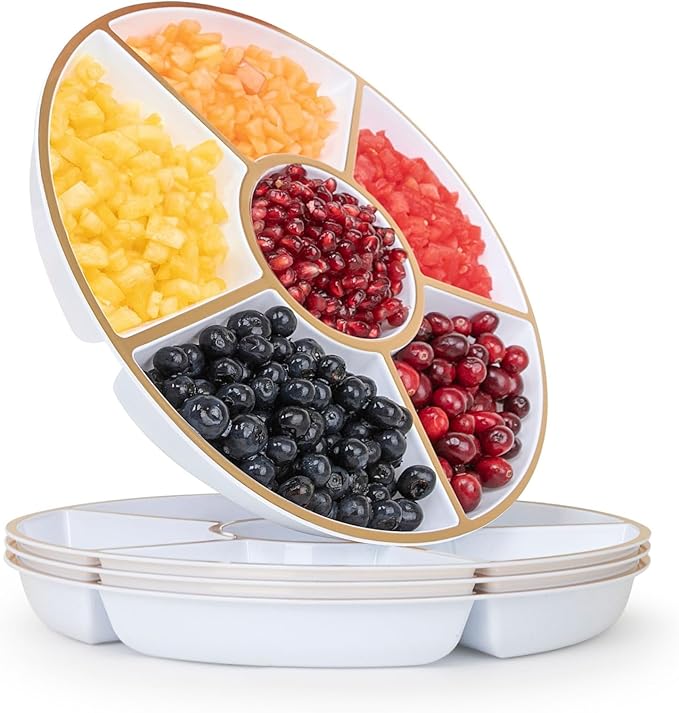 R-kay 4 Pack, 6 Sectional White Plastic Serving Trays For Party With Gold Rim - Heavy Duty Gold Party Trays For Serving Food - 12 Inch Platters