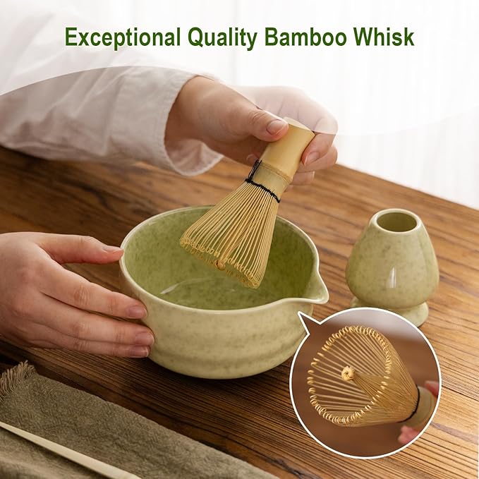 Matcha Whisk Set,Ceramic Matcha Set,with Ceramic Bowl,Bamboo Whisk&Holder,Scoop,Authentic Japanese Matcha,for Matcha Lovers,Gift for Family/Friend(tea green)
