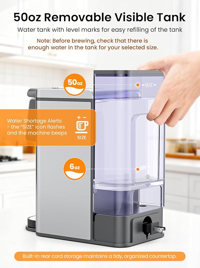 K Cup Coffee Maker, Hot & Iced Coffee Maker for K Cup and Grounds, 6-14 Oz Brew Sizes, 50oz Removable Tank, Single Cup Coffee Maker with Descaling Reminder, Stainless Steel, Black