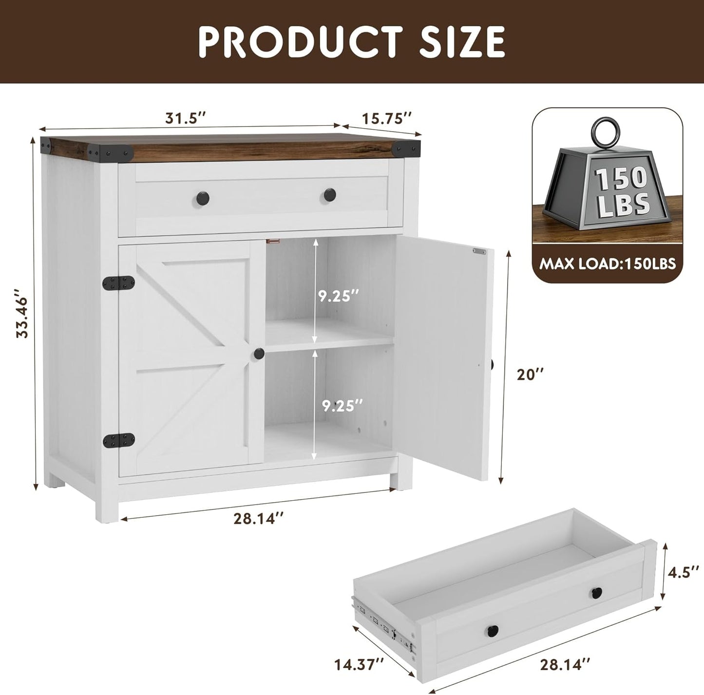 YESHOMY Farmhouse Coffee Bar Cabinet Sideboards, with Barn Doors, Spacious Drawer, Adjustable Interior Shelf, Generous Top Surface, for Kitchen, Bathroom, Entryway, Living Room, Pure White