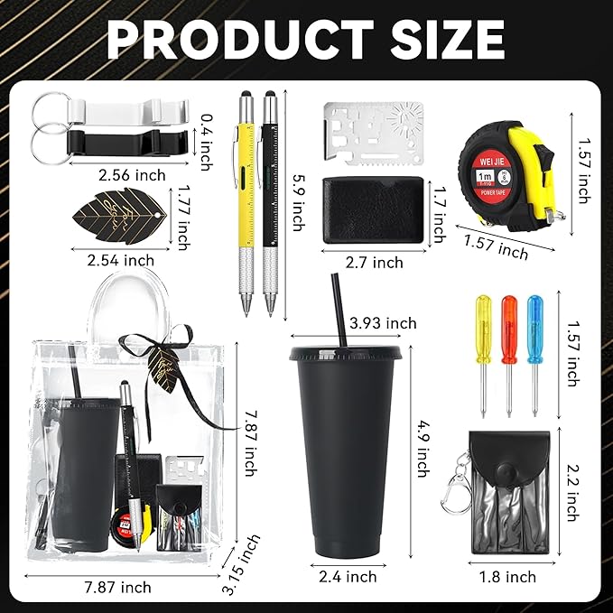 Baby Shower Prizes for Men - 6 Pack Complete Game Prize Set for Dad & Male Guests - Includes Survival Card Tool, Tape Measure, Bottle Opener Keychain, Plastic Cups, Pen, Screwdriver & Gift Bags