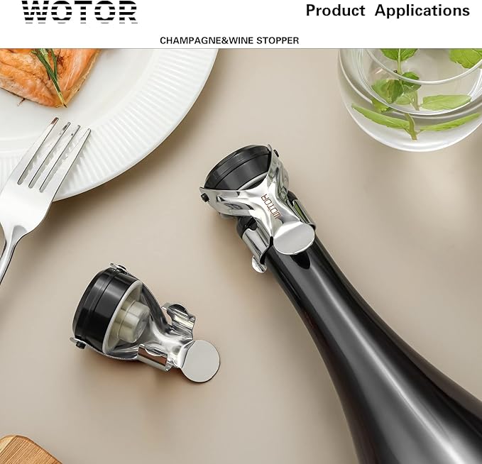 WOTOR Champagne&Wine Bottle Stoppers Stainless Steel with Food Grade Silicone, Leak Proof Keep Fresh Reusable Saver, Cork Suitable for Wine, Champagne, Cava, Prosecco and Sparkling (6 Pack Silver）