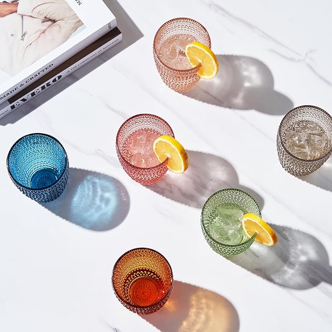 Khen Beaded Highball Tumbler Drinking Glasses Set | Set of 6 | Vintage Hobnail Bubble Design Whiskey Glassware, Old-Fashioned, Art Deco Glass for Water, Wine, Cocktail Dishwasher Safe (14.6 OZ)