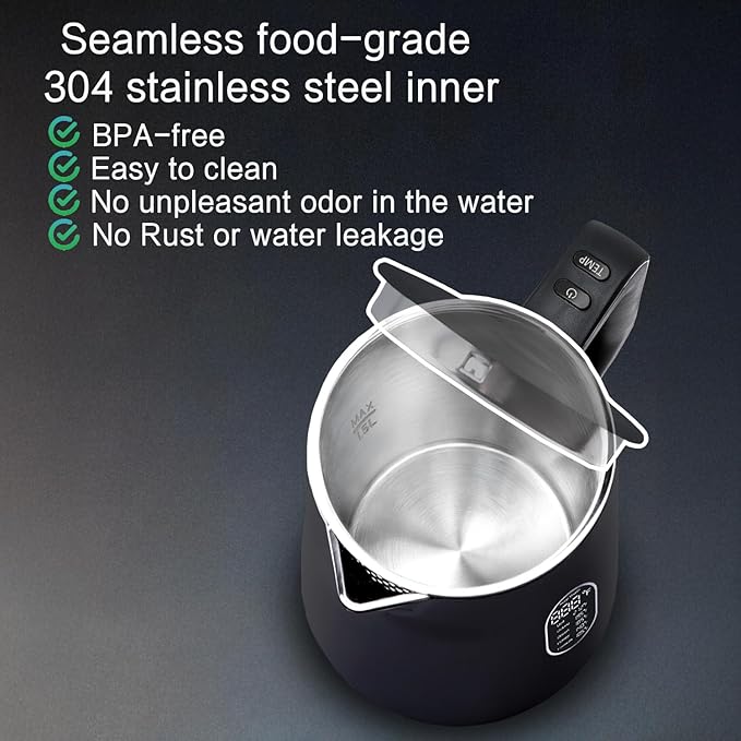 1.5L Electric Kettle Stainless Steel, Double Wall Cool Touch Teapot, Fast Boil, Precise Temperature Control, LCD Display, Auto Shut-Off, BPA-Free,Keep Warm Function, Ideal for Tea,Black