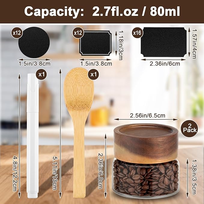 Glass Jar with Wood Lid, 2 Pack 3oz 80ml Small Glass Spice Jars with Airtight Screw Lids, Cute Coffee Containers Clear Glass Canister for Beans, Sugar, Tea, Sauce, Honey, Herb