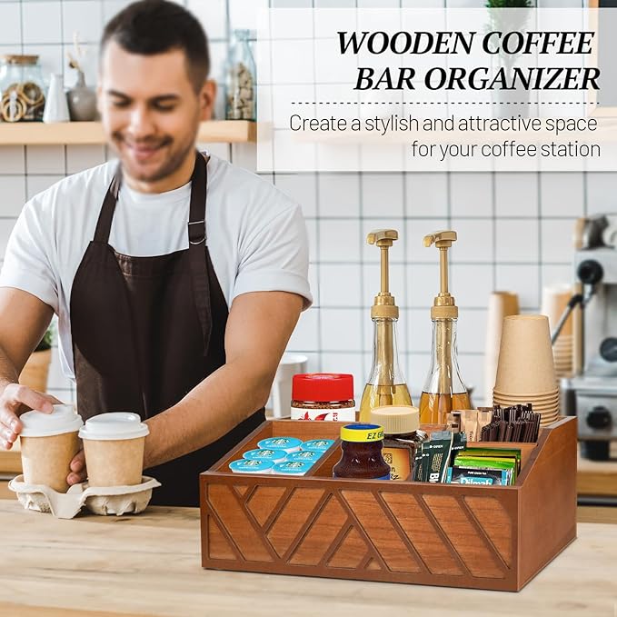 ugiftt Coffee Station Organizer for Counter, Wood Pods Holder Storage Basket, Tea Condiment Storage Organizer, Rustic Coffee Bar Decor for Accessories Organizer