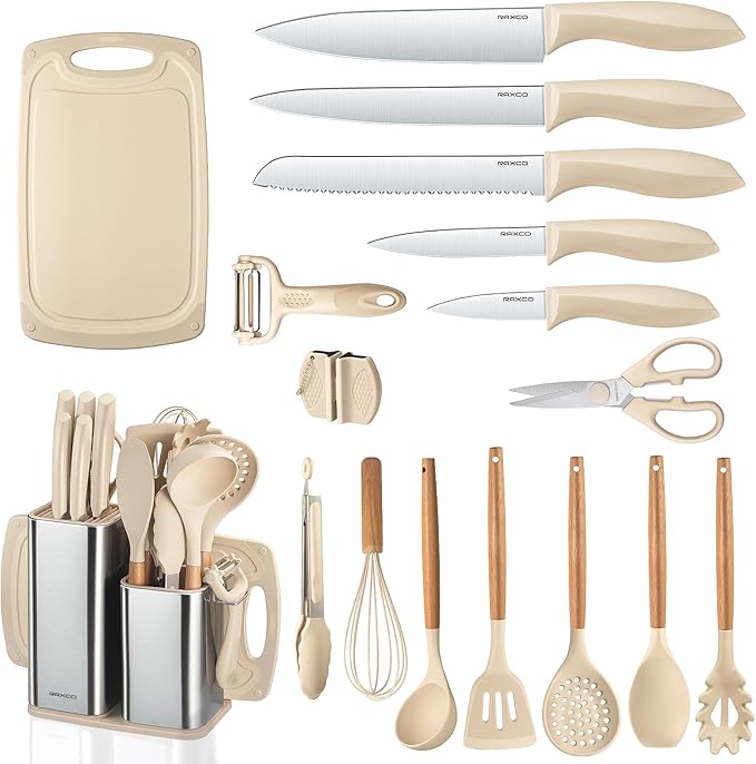 RAXCO Cooking Utensils Set,12-Piece Kitchen Utensils and Accessories,6-Piece Knife set,utensilios de cocina,Khiki