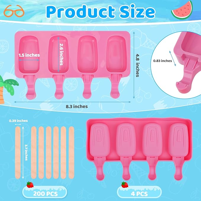 SAYAYA 4 Set Silicone Popsicle Molds with 200 Sticks, Reusable 4 Cavities Homemade Cake Pop & Cakesicle Mold for DIY Ice Cream, Ice Pop, Easy Release & Dishwasher Safe for Kids Family (Pink)