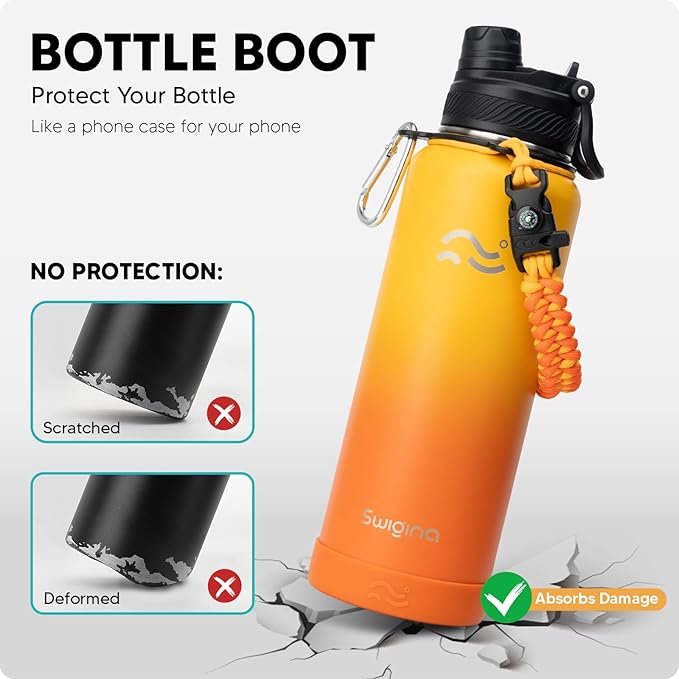 Swigina [2-IN-1 LID] Insulated Water Bottle with Silicone Boot (36hrs Cold/18hrs Hot) - DIY Stickers, Leakproof, BPA Free, 40 oz