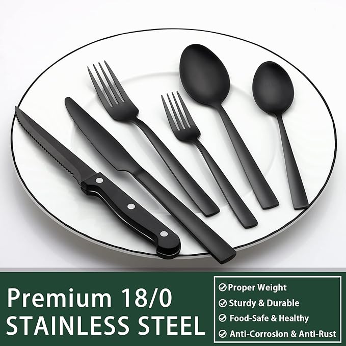 EWFEN 24-Piece Black Silverware Set with Steak Knives, Black Flatware Set for 4, Food-Grade Stainless Steel Tableware Cutlery Set, Mirror Finished Utensil Sets for Home Restaurant, Square Edge