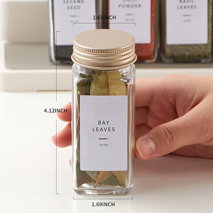 36 Pcs Spice Jars with Label- Glass Spice Jars with Gold Metal Caps,Shaker Lids, Funnel, Chalk Pen,Skiileor 4oz Seasoning Containers Bottles for Spice Rack, Cabinet, Drawer