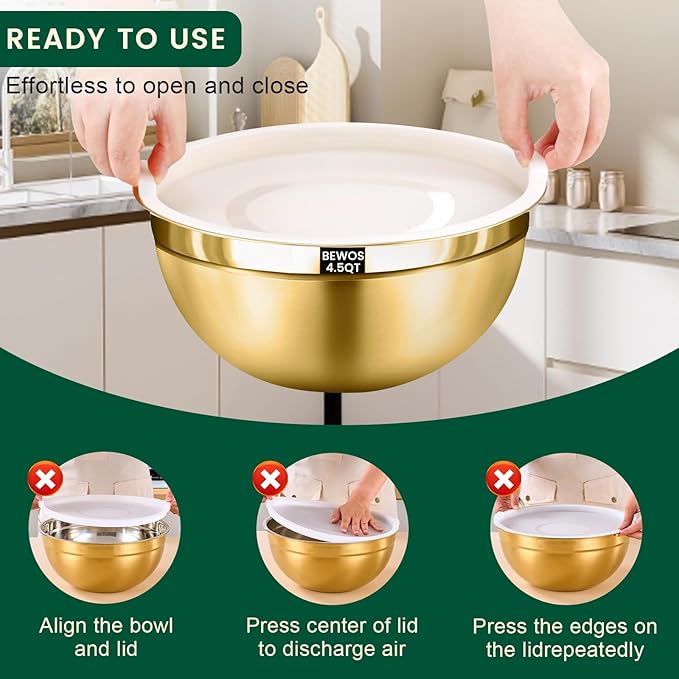 BEWOS 5PCS Mixing Bowls with Airtight Lids Set - 5 Stainless Steel Mixing Bowls, Dishwasher Safe, Ideal for Baking & Meal Prep, Stackable Design for Easy Storage