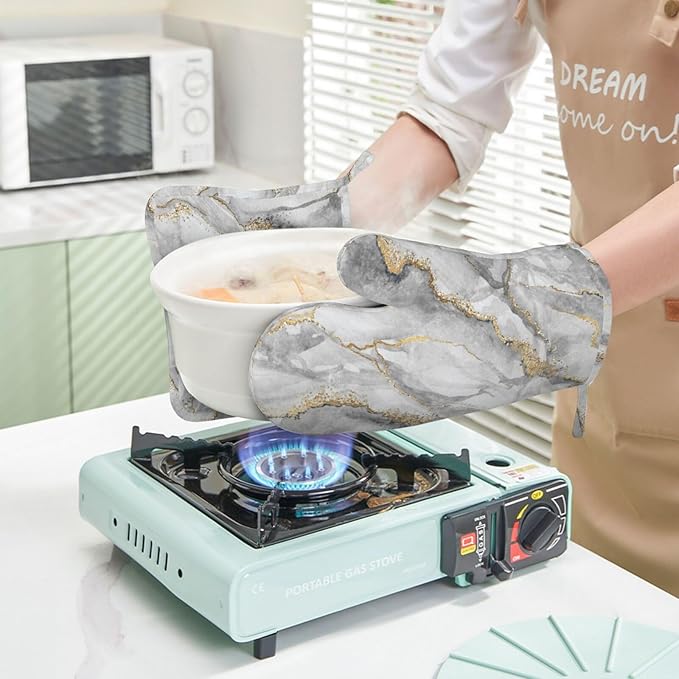 Marble Gold Gray Fashion Oven Mitts and Pot Holders Sets of 4, Heat Resistant Silicone Oven Mittens and Potholders Gloves Hot Pads for Kitchen Cooking Baking Grilling BBQ Chef