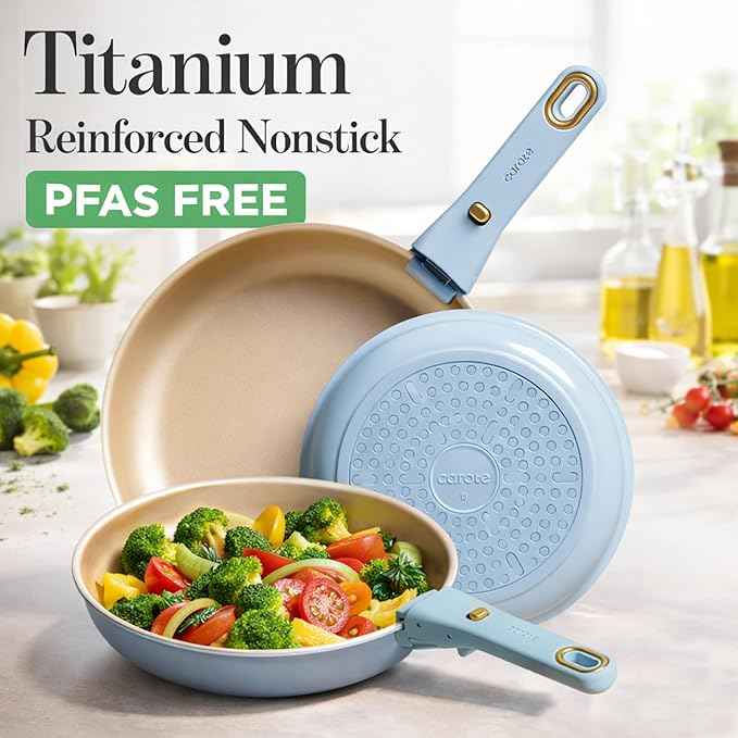 CAROTE 18Pcs Titanium Reinforced Nonstick Pots and Pans Set, Nonstick Cookware Set with Detachable Handle, Induction Kitchen Cookware Sets Removable Handles, Dishwasher Safe, Oven Safe, Blue