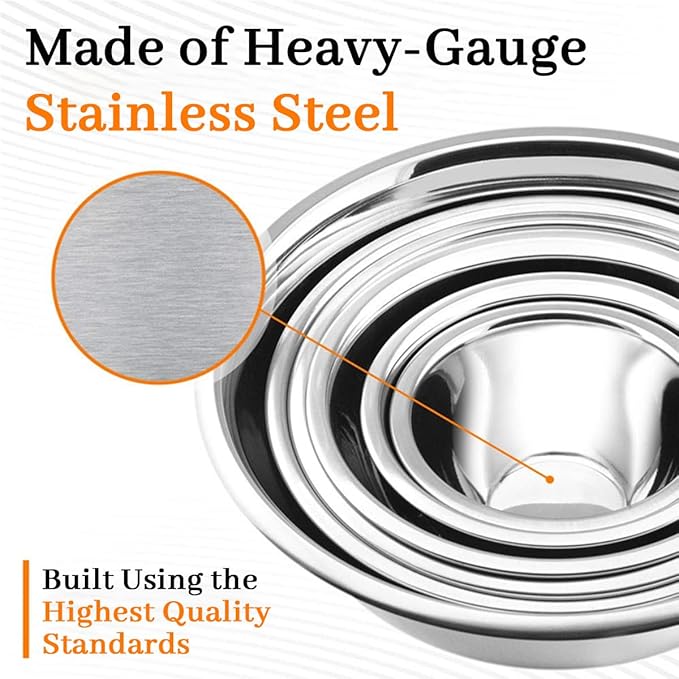 Mixing Bowls, 5Pcs Stainless Steel Mixing Bowl Set, Utensils for the Kitchen, Multifunctional, Stackable, Dishwasher Safe, 3.75L / 3.25L / 2.5L / 2L / 1.3L (Without)