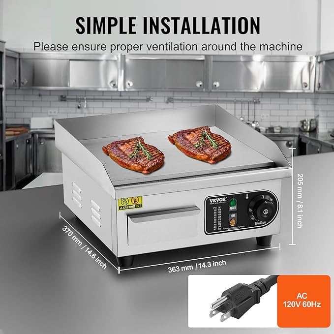 VEVOR Commercial Electric Griddle, 1700W Countertop Flat Top Grill, 14in Stainless Steel Griddle Grill with 2 Shovels and 2 Brushes for Home or Restaurant, 122℉-572 ℉ Adjustable Temp