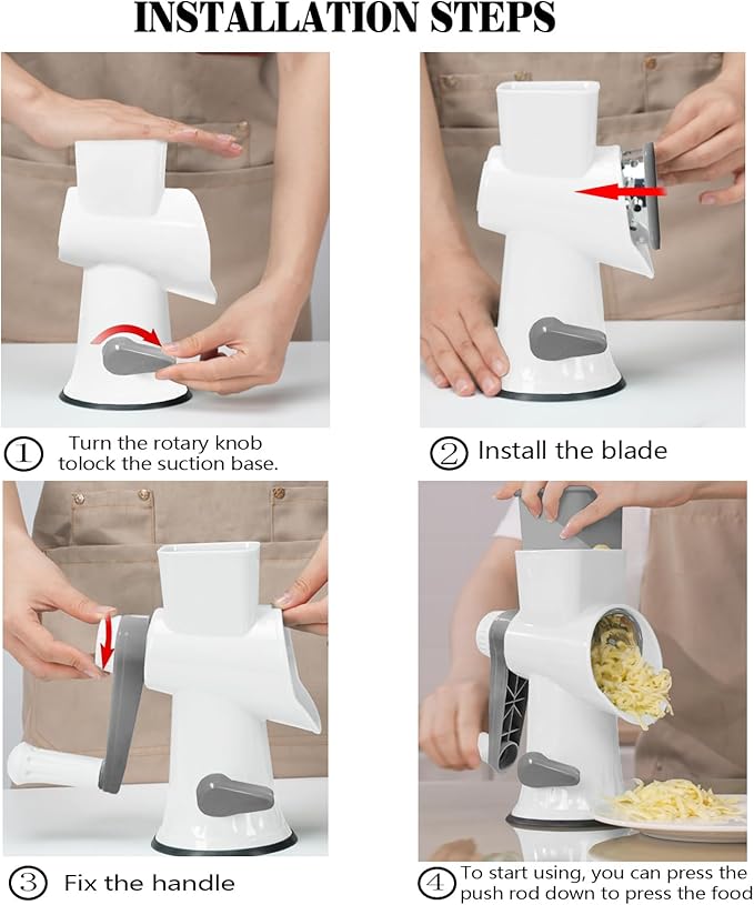 Cheese Grater MultiFunction Rotary Cheese Grater Hand Crank – Cheese Shredder Effortlessly Shred,Slice,Chop.Applicable to Cheese, Vegetables,Fruits,Nuts,Non-Slip Suction Base,Easy to Clean (white)