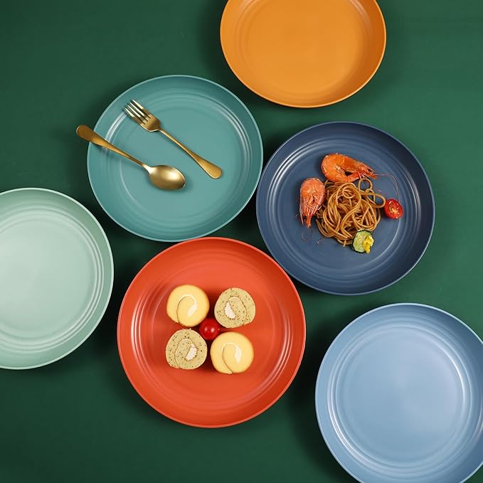 12 Pcs Unbreakable Deep Dinner Plates Set, 9 inch Reusable Plastic Wheat Straw Plates, Microwave and Dishwasher Safe Plate for Kitchen, Lightweight Plate for Dessert, BPA Free, 4 Colors