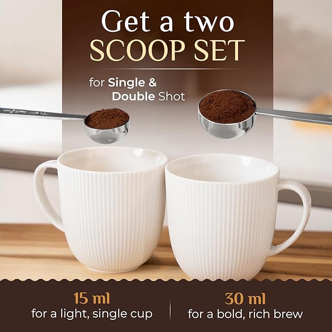 Orblue Premium Coffee Scoop Set - 1 Tbsp (15ml) & 2 Tbsp (30ml) Measuring Tablespoon - Stainless Steel Coffee Measuring Spoon and Scooper with Long Handles - Pack of 2