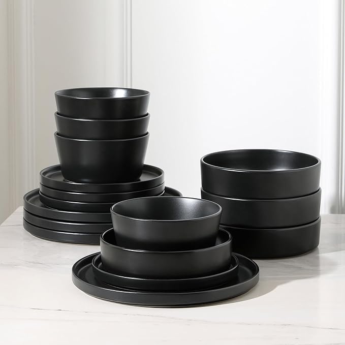 Stone Lain Celina Modern Stoneware 16-Piece Dinnerware Set, Cereal and Dinner Bowls, Dinner Plates, Plates and Bowl Set, Dishes for 4, Black