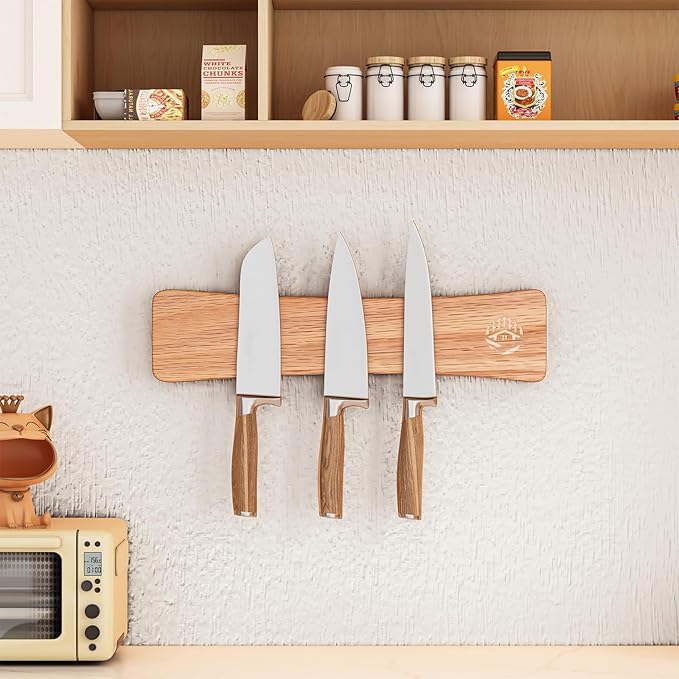 Knife Magnetic Strip, 10 Inch Solid Oak Magnetic Knife Holder for Wall with N52 Strong Magnets, Premium Magnetic Knife Strip Organizer for Kitchen Knives, Utensils & Tools