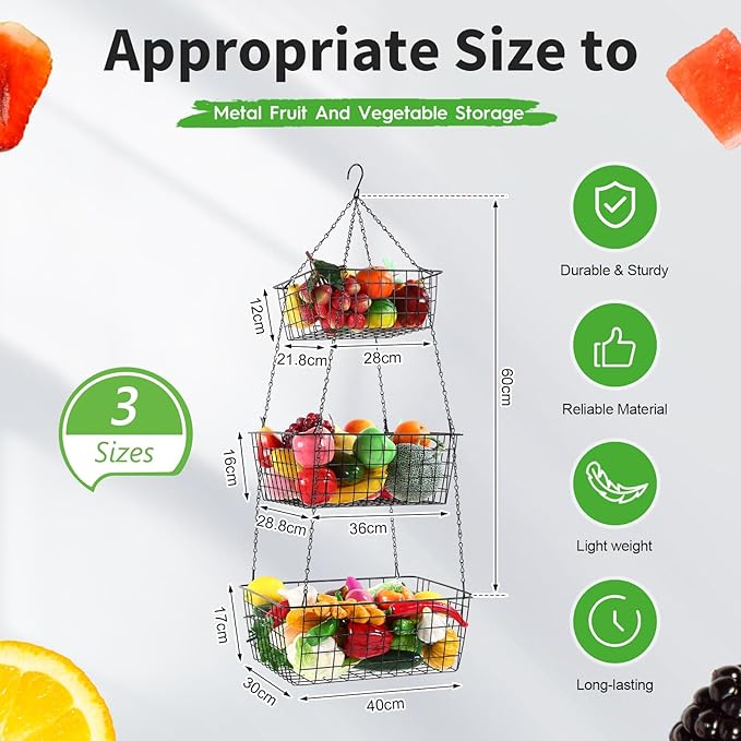 Hicarer 3 Tier Hanging Fruit Basket Square 35.4 Inch Fruit Organizer Kitchen Heavy Duty Wire Organizer with Metal Ceiling Hooks for Kitchen Vegetable Produce Storage
