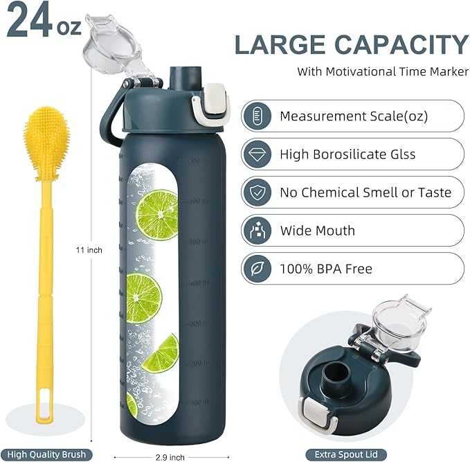 chunmo 24 oz Glass Water Bottles with 2 Lids-Handle Spout Lid & Straw Lid, Motivational Water Bottle with Time Marker and Silicone Sleeve,Leakproof-Dark Blue-1 Pack