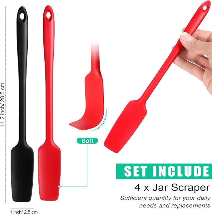 4 Pieces Long Handle Silicone Jar Spatula Kitchen Scraper Spatula Non-Stick Rubber Silicone Scraper for Jars, Smoothies, Blenders Cooking Baking Stirring Mixing (Red,Black)