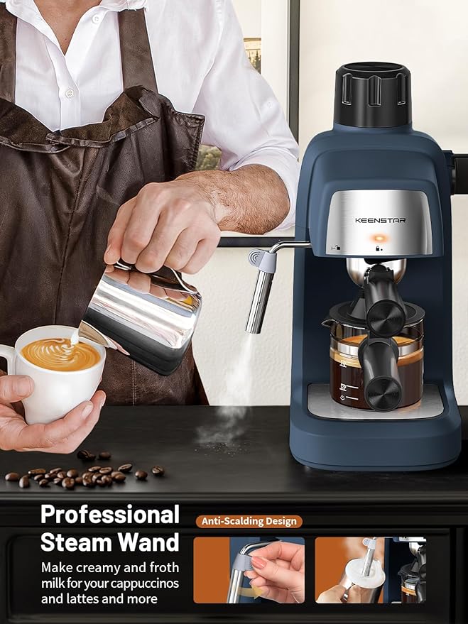 KEENSTAR 3.5Bar Espresso Machine with Milk Frother, 800W Compact Espresso and Cappuccino Machine with Preheating Function, 4 Cup Espresso Maker for Cappuccino or Latte, Gift for Coffee Lover Update