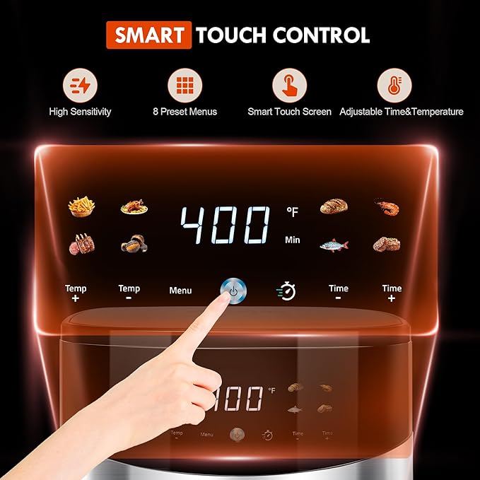 6.5QT Smart Digital Air Fryer, Visual Window, 8 Presets Recipes for Fast Easy Meal, Snack, Dessert, Main Dish, Square Basket Dishwasher-Safe, for 3-5 People, Kitchen Dorm Office