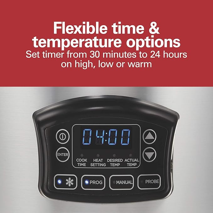 Hamilton Beach Portable 6 Quart Set & Forget Digital Programmable Slow Cooker with Lid Lock, Temperature Probe & Defrost Setting, Dishwasher Safe Crock & Lid, Silver (33869)