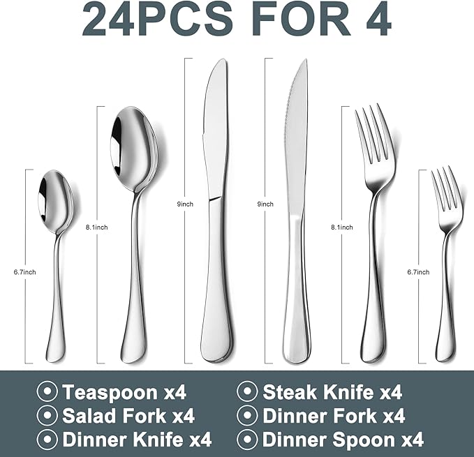 24-Piece Silverware Set with Steak Knives, Black Flatware Set for 4, Food-Grade Stainless Steel Tableware Cutlery Set, Mirror Finished Utensil Sets for Home Restaurant