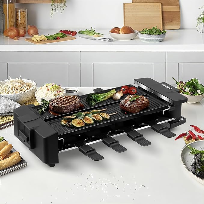 CUSIMAX Raclette Grill Raclette Table Grill Rotatable Korean BBQ Grill, 1400W Indoor Grill with 2 Non-stick Grill Plates, 8 Cheese Trays and Wooden Spatulas, Tabletop Electric Grill for 8 People
